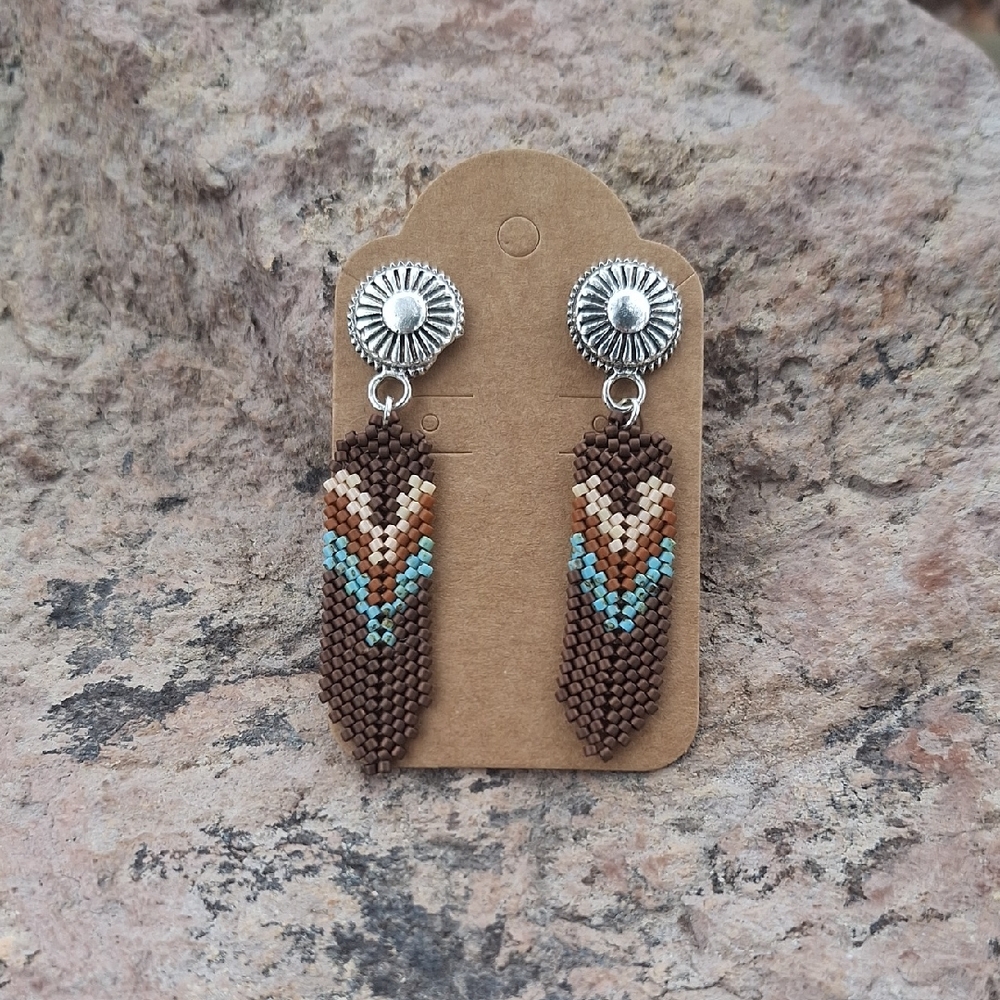 Handmade Brown Beaded Feather Earrings with Turquoise Accents